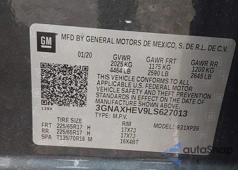 2020 Chevrolet Equinox Fwd Ls z USA, uszkodzony, nr VIN 3GNAXHEV9LS627013